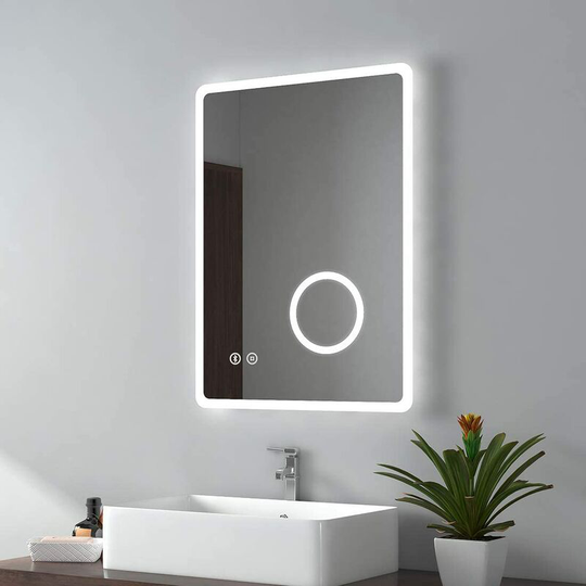 Emke - Backlit Illuminated Bluetooth Bathroom Mirror with Shaver Socket 500x700mm, Mirror with Lights + Demister + 3-Fold Magnification