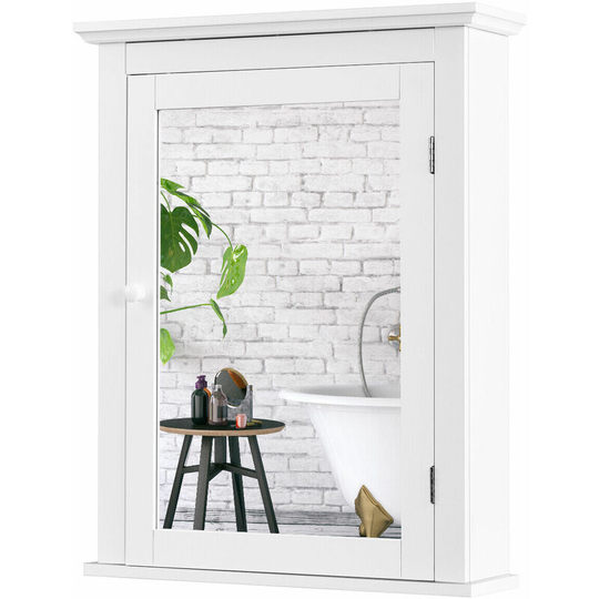 Bathroom Mirror Cabinet, Single Door Wall Mounted Storage Cupboard, Home Kitchen Living Room Wooden Display Organiser Unit (White, with 5-Position