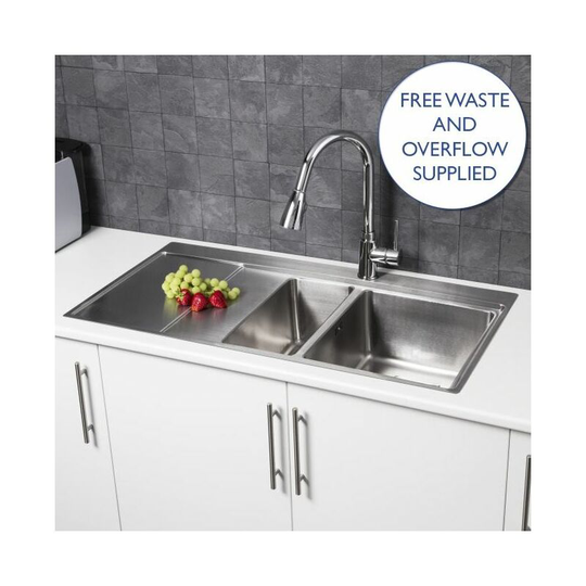 S�uber Kitchen Sink 1.5 Bowl LH Drainer Stainless Steel Square Inset Waste - Silver