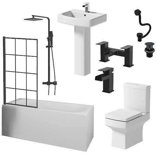 Affine Royan Black Bathroom Suite with Single Ended Shower Bath 1600 & Full Pedestal Basin