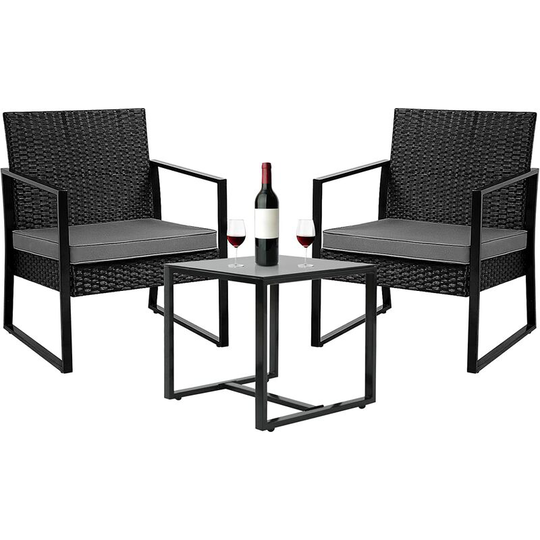 3 pcs Rattan Garden Furniture Set, Outdoor Rattan Wicker Bistro Set Garden table and Chairs with Coffee Table, Cushions and 2 Armchairs for Indoor