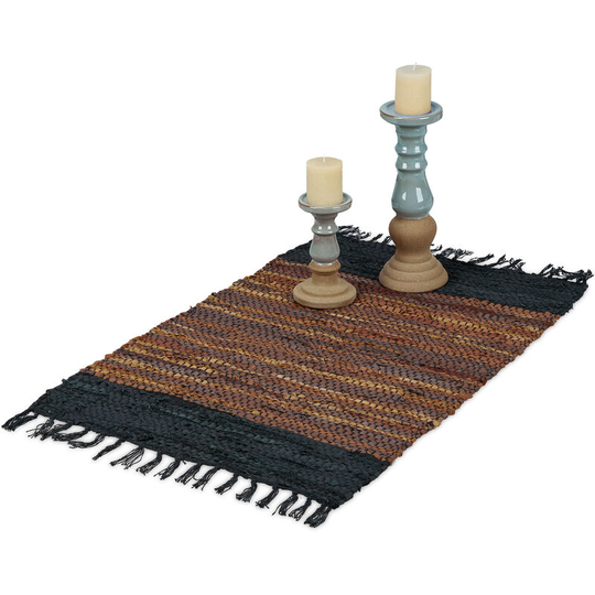 Relaxdays - Leather & Cotton Runner Rug, Carpet with Fringes, Non-slip, Decor for Living Room, Bedroom or Hallway, Brown