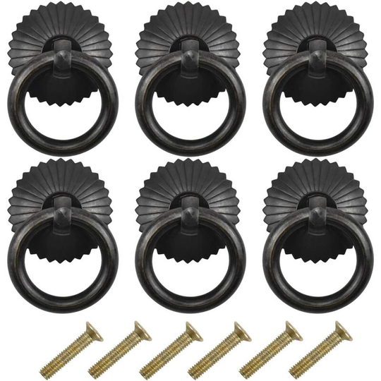 6 Pack Kitchen Cupboard Handles, Door Knobs, Antique Drawer Ring Pull Handle with Screws, Metal Copper Furniture Cabinet Drawer Knobs Replacement for