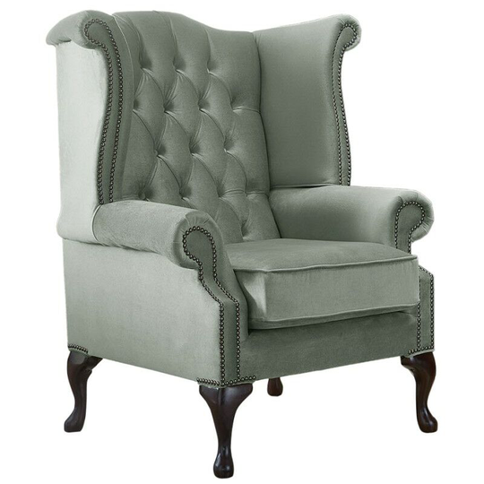 Chesterfield Queen Anne High Back Wing Chair Malta Seaspray Blue Velvet Fabric