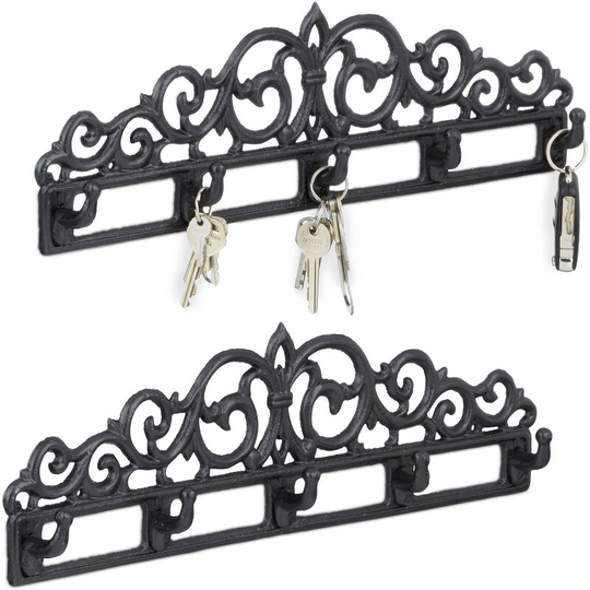 Set of 2 Cast Iron Wall Coat Racks, 5 Hooks, Antique Cottage-Style, for Keys, HxWxD: 13.5 x 42 x 4 cm, Black - Relaxdays
