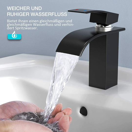 Swyeoot - Black Basin Mixer Tap, Waterfall Basin Faucet, Bathroom Faucet with Cold & Hot Water Available, Modern Style