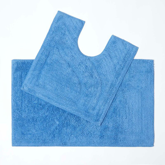 Luxury Two Piece Cotton Cobalt Blue Bath Mat Set - Blue - Blue - Blue - Homescapes