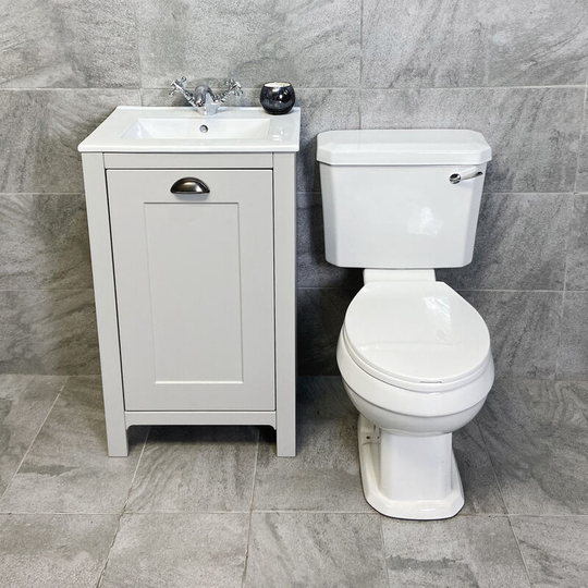 Hydros - Derby Traditional Light Grey Vanity Unit + Carlton Toilet Set Cloakroom Suite, White Seat-No Tap & Waste-Luxury Flush