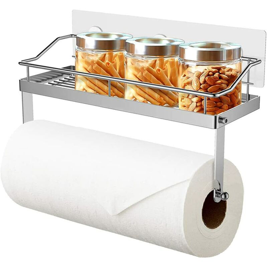 Paper Towel Holder with Shelf Kitchen Roll Holder Bathroom Toilet Stainless Steel No Drilling