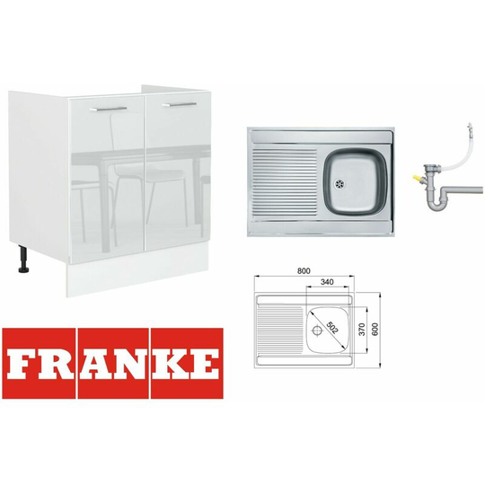 White Gloss Kitchen Cabinet Cupboard Base Unit 80cm Franke Single Bowl Sink Rosi - White High Gloss