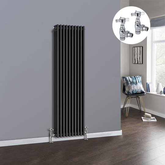 NRG - Anthracite 3 Column Traditional Cast Iron Style Radiator with Chrome Angled Cross Head Manual Valves Vertical 1500x472mm
