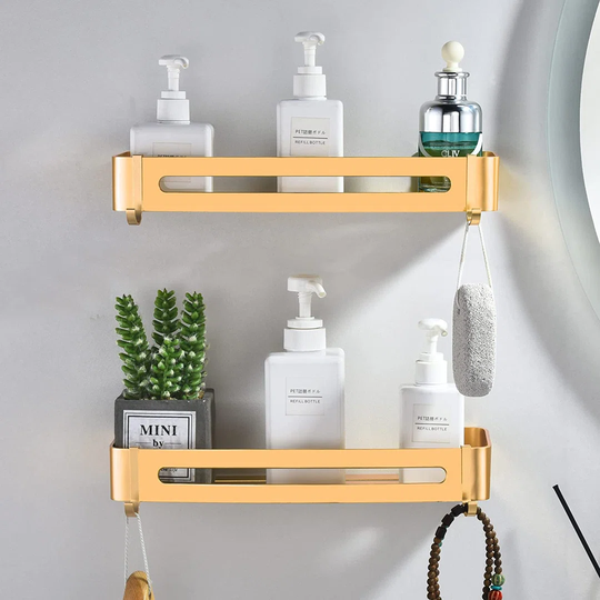 Aiah Shower Caddy No Drilling, Champagne Gold Bathroom Shelf Wall Mounted Adhesive Shower Organiser Shelves With Hooks Metal Bathroom Storage Basket F