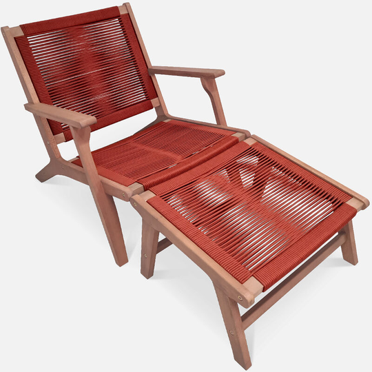 Lounge armchair with footrest in fsc certified eucalyptus wood and rope - Cuzco - Terracotta