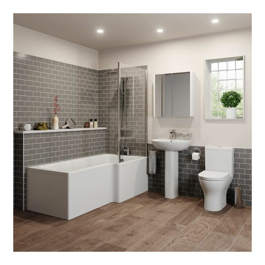 Bathroom Suite 1500mm Right Hand l Shape Shower Bath Toilet Basin Sink Pedestal - White