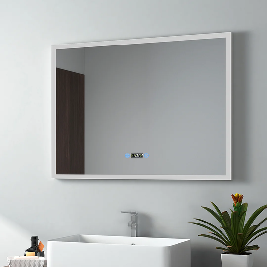 Bathroom Mirror With Lighting, Fog Free Light Mirror Wall Mirror 80X60 Cm Led Bathroom Mirror With Touch, Clock, Led Bathroom Mirror Cold White Bathro