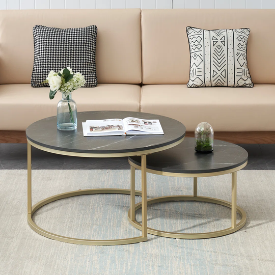 Nesting Coffee Tables Set Of 2, Black Marble Top And Golden Frame