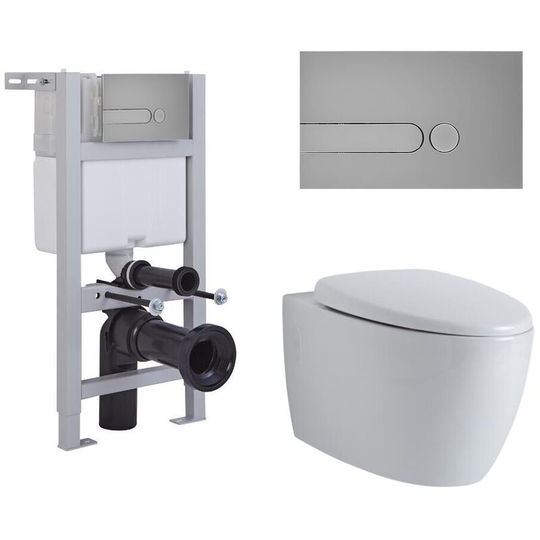 Milano Altham - White Ceramic Modern Bathroom Wall Hung Round Rimless Toilet WC with Short Frame Cistern and Dot Satin Chrome Flush Plate