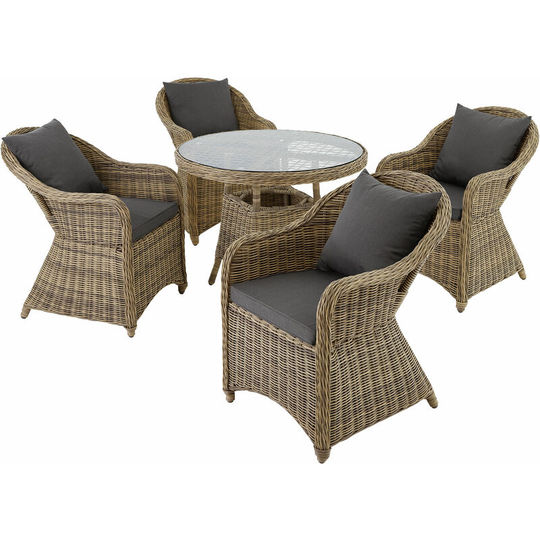 Rattan garden furniture set Zurich with 4 armchairs and table - garden tables and chairs, garden furniture set, outdoor table and chairs - nature