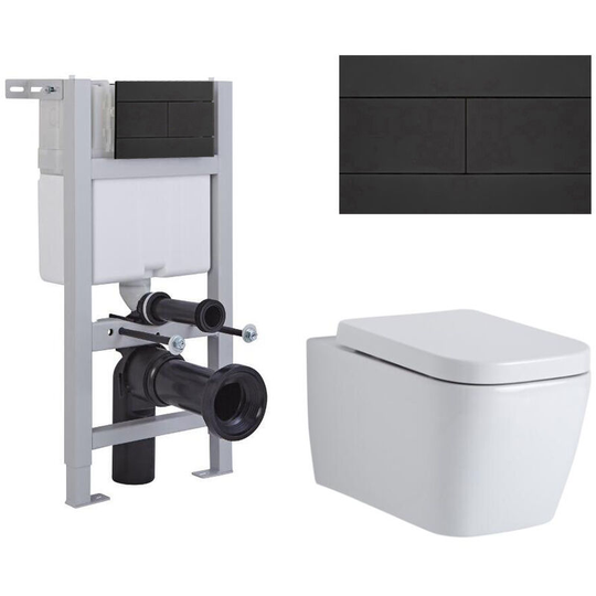 Milano - Longton - White Ceramic Modern Bathroom Wall Hung Square Toilet wc with Short Wall Frame, Dual Flush Cistern, Soft Close Seat and Black