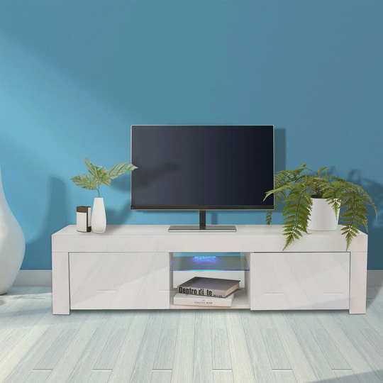 High Gloss TV Cabinet With Blue LED Light, Modern White TV Stand Entertainment Center Wooden Glossy Media Console Table With Storage Cabinet For Home
