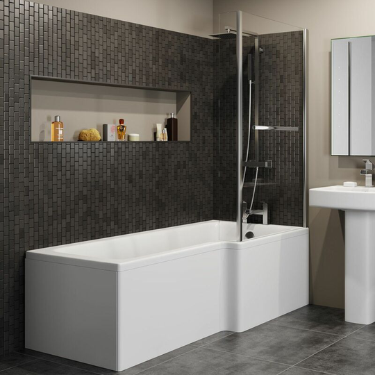 Affine - l Shaped Shower Bath Right Hand Bathtub 1700mm Screen & Rail Front Panel Acrylic - White