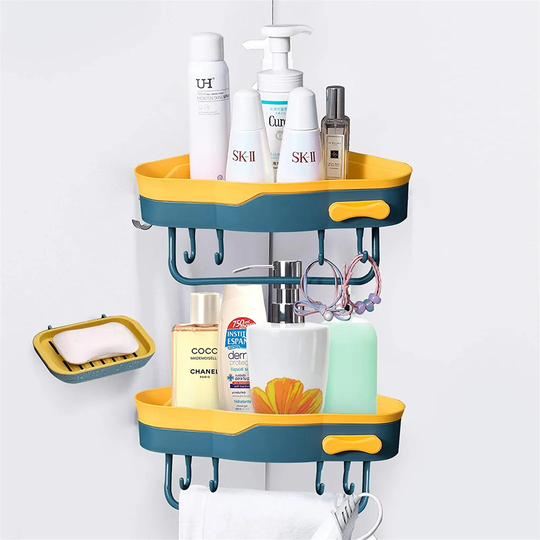 2 Pack Bathroom Shower Corner Shelf With 1 Pack Soap Holder,Self Adhesive Wall Mounted Bath Shower Tray,Bathroom Storage Basket With 4 Hooks 1 Towel