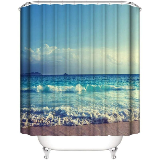 1 Piece Shower Curtain Waterproof Polyester Wave Beach Decorative Pattern Bathroom Bathtub with Hook Mildew Resistant Washable 150*180cm