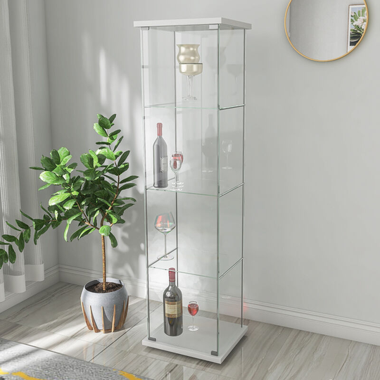 Glass Display Cabinet 4 Shelves with Door Floor Standing Curio Bookshelf for Bedroom Office