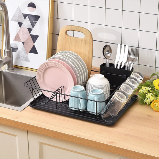 Dish Drainer With Drip Tray,Dish Rack With Large Capacity,Dish Drying Rack With External Cutlery Holder,Removable Draining Board,Cup Holder,Compact Ki