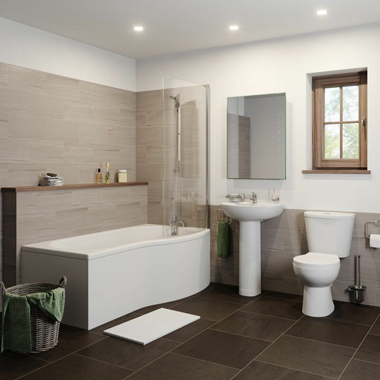 P Bathroom Suite with Right Hand Bath - White - Essentials