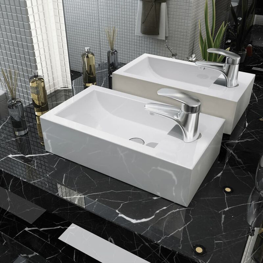 Basin with Faucet Hole Rectangular Ceramic White 46x25.5x12 cm - White