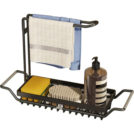 Expandable Kitchen Sink Organizer Sponge Holder with Stainless Steel Towel Holder Sponge Holder Kitchen Sink Sponge Storage for Brush and Dishcloth