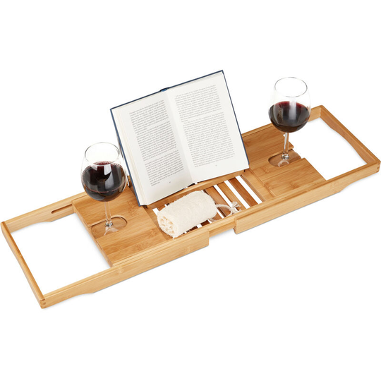 Relaxdays Extendable Bathtub Caddy, Bamboo Bathroom Rack with Bookstand, Cup Holder, Adjustable 70 - 105 cm, Natural