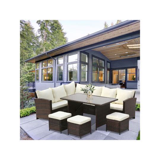 9 Seater Rattan Garden Furniture Sofa Armchair Roma Set with Coffee Table Wicker Weave Conservatory (Brown)