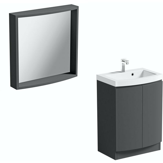 Harrison slate gloss grey floorstanding vanity door unit and basin 600mm with mirror - Grey - Mode
