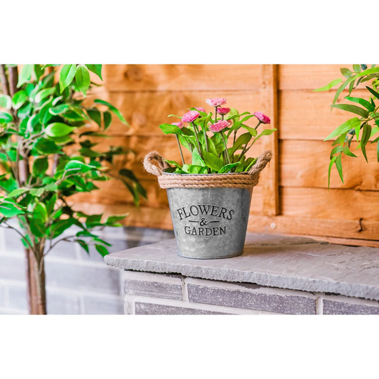 August Grove ROUND ZINC PLANT POT 16CM FLOWERS & GARDEN W/ HESSIAN HANDLE