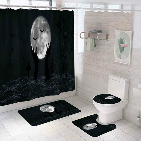 Halloween Holding The Moon Shower Curtain Sets, Generic 71 inch x 71 inch Halloween Bathroom Decor Set - Shower Curtain with Mat, Toilet Lid Cover,