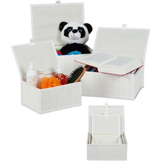 Relaxdays - 2 Sets of 3 Bamboo Storage Baskets with Lid, Decorative Organiser, Dust-free & Moisture-resistant, White