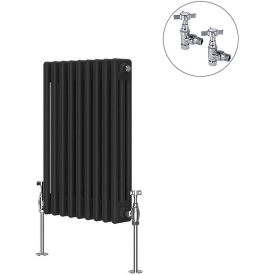 Traditional Rad Cast Iron Style Radiator Black + Chrome Angled Traditional Radiator Manual Valves 600x425mm Horizontal Triple Column