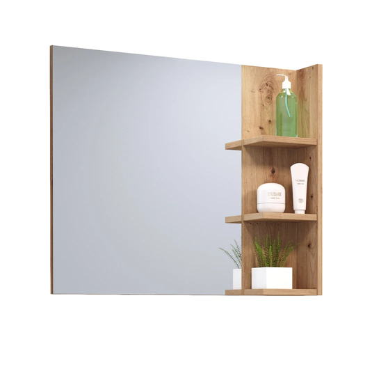 Geo bathroom mirror with 3 open compartments in oak decor.