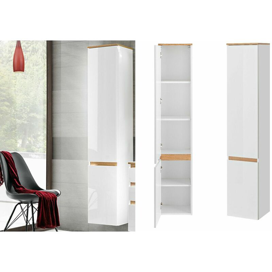 Impact Furniture - Tall Bathroom Cabinet Wall Storage Unit Modern Shelving White Gloss Oak Finish Plat - White Gloss / Oak Finish