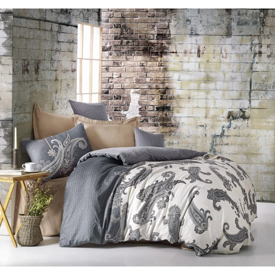 Hennessy Grey/White 100% Cotton 82 TC Reversible Duvet Cover Set