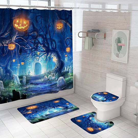 Fantasy Forest Halloween Shower Curtain Sets, Generic Halloween Bathroom Decor Set 71 inch x 71 inch - Shower Curtain with Mat, Toilet Lid Cover,