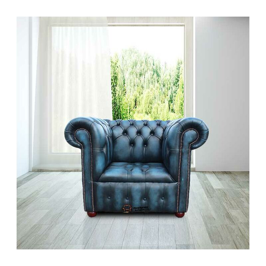 Chesterfield Belgravia Buttoned Seat Low Back Club ArmChair Antique Blue Leather
