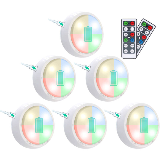 Rgbw 11LEDs Under Cabinet Lights with 2 Controllers 3 * aaa Cell Operated & usb Charging Dimmable Brightness Adjustable, 6pcs with 2controllers