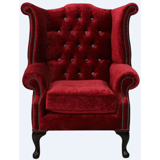 Chesterfield Crystal Queen Anne High Back Wing Chair Modena Pillarbox Red Velvet