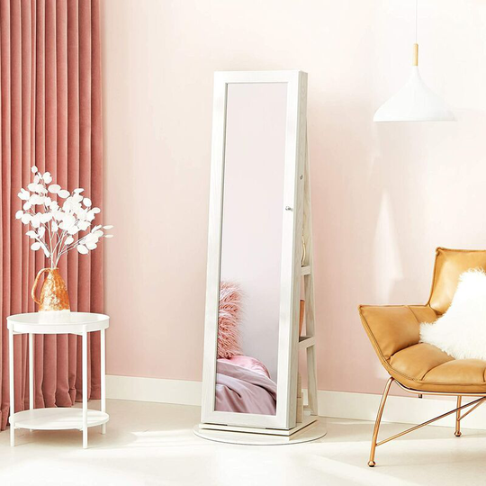 Jewellery Cabinet, 360° Swivel with Storage Shelf, Jewellery Armoire with Full-Length Dressing Mirror, Lockable, 160 cm High, White Cabinet, Greyish