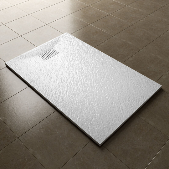 1000x700mm White Slate Effect Lightweight Slate Shower Base Rectangular Grain Shower Enclosure Tray with Waste Trap + Striped Stainless steel drain
