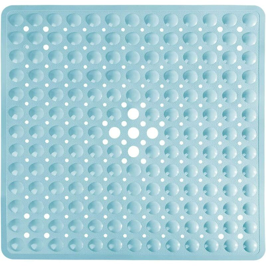 21 x 21 In Shower Mat for Bathtub, Non-Slip with Drain Holes Machine Washable, Light Blue