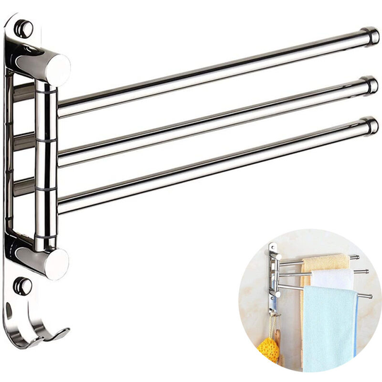 Wall Mounted Swing Towel Bar Stainless Steel Bath Towel Rod Arm, Bathroom/Kitchen Swivel Towel Rack Hanger Holder Organizer-3 strokes